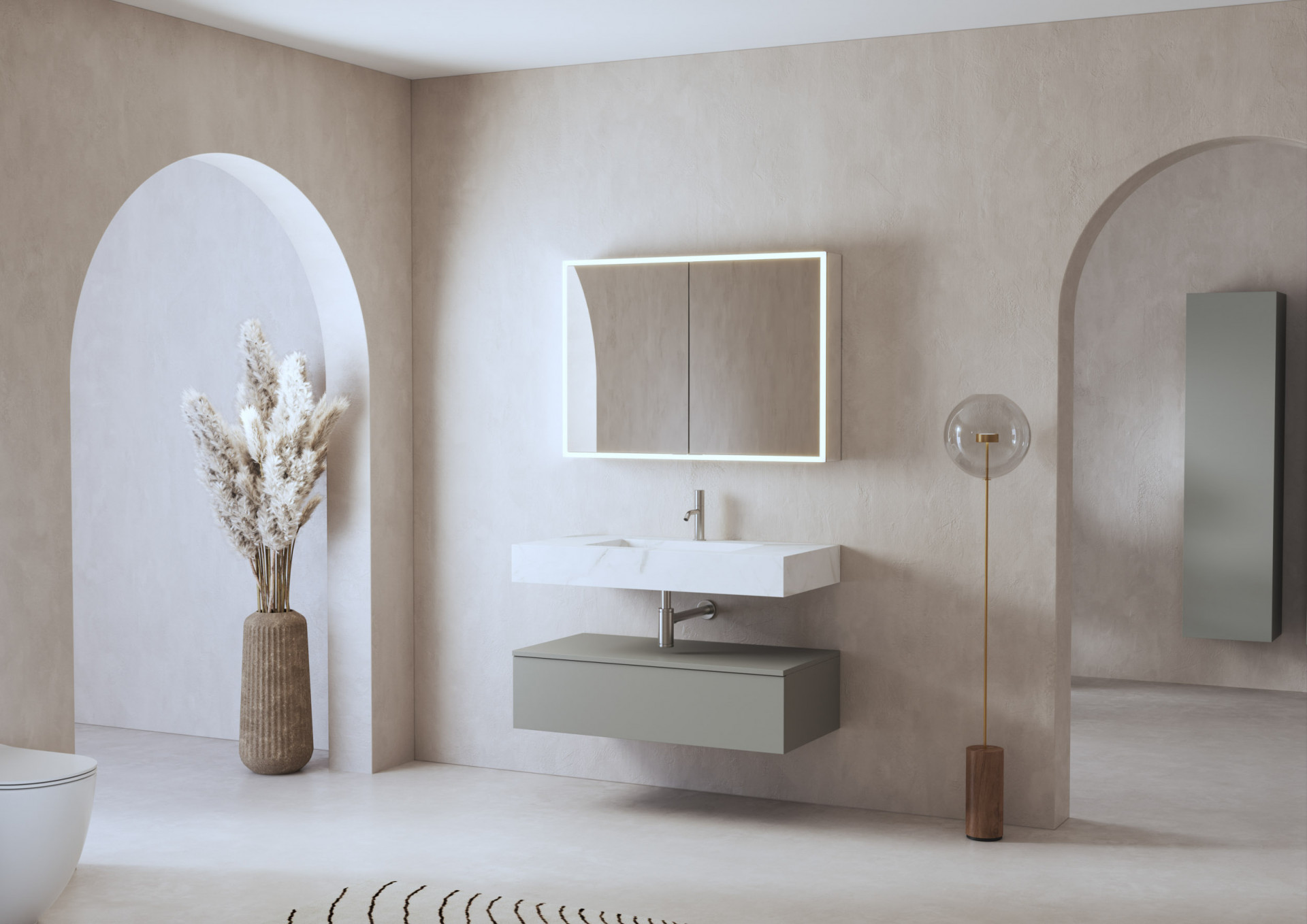 Architectural bathroom render featuring floating sink, arched openings and realistic bathroom CGI for interior design presentation and property marketing