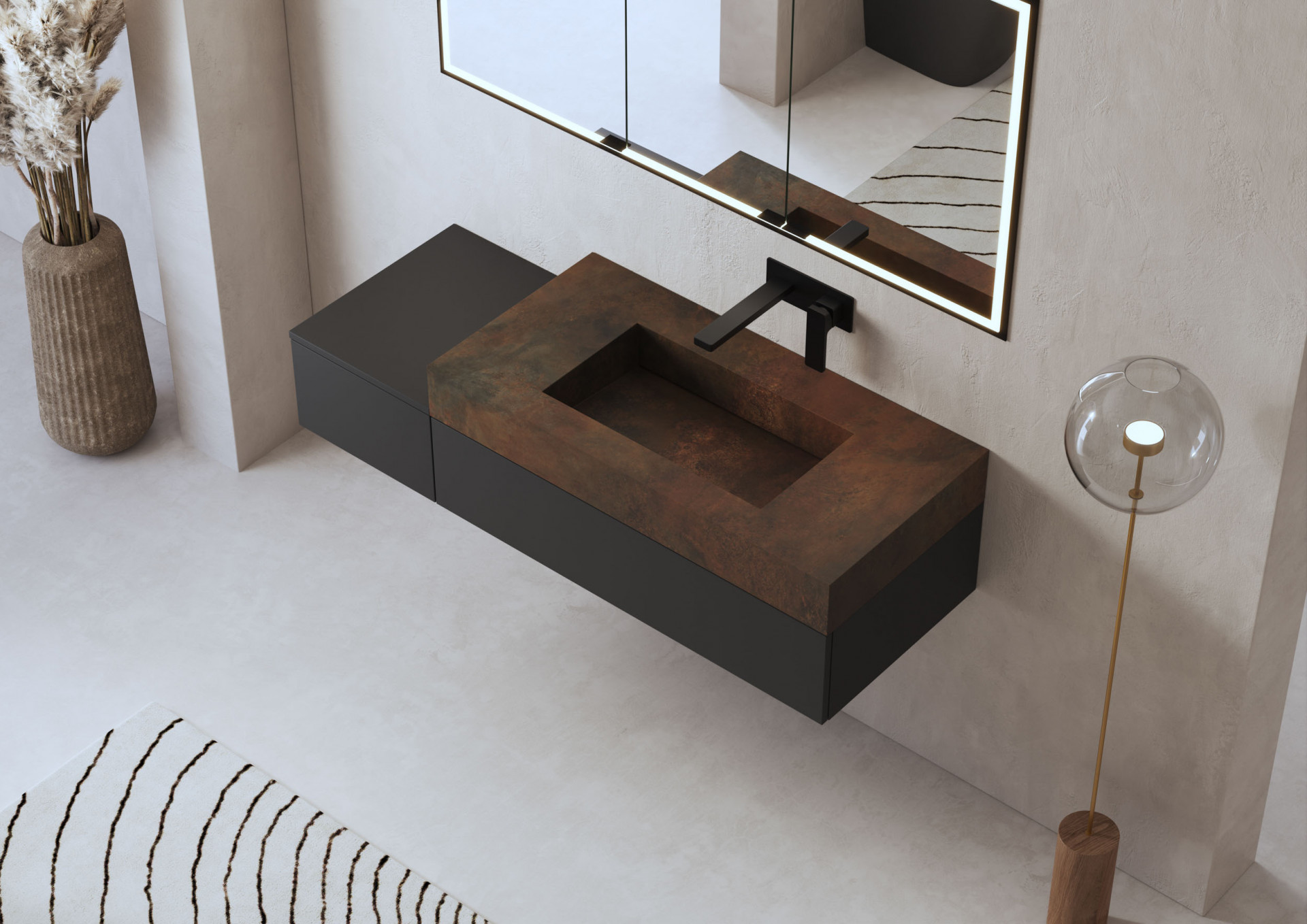 Modern bathroom vanity CGI detail with stone basin, designer faucet and luxury bathroom 3D visualization for architects and interior designers