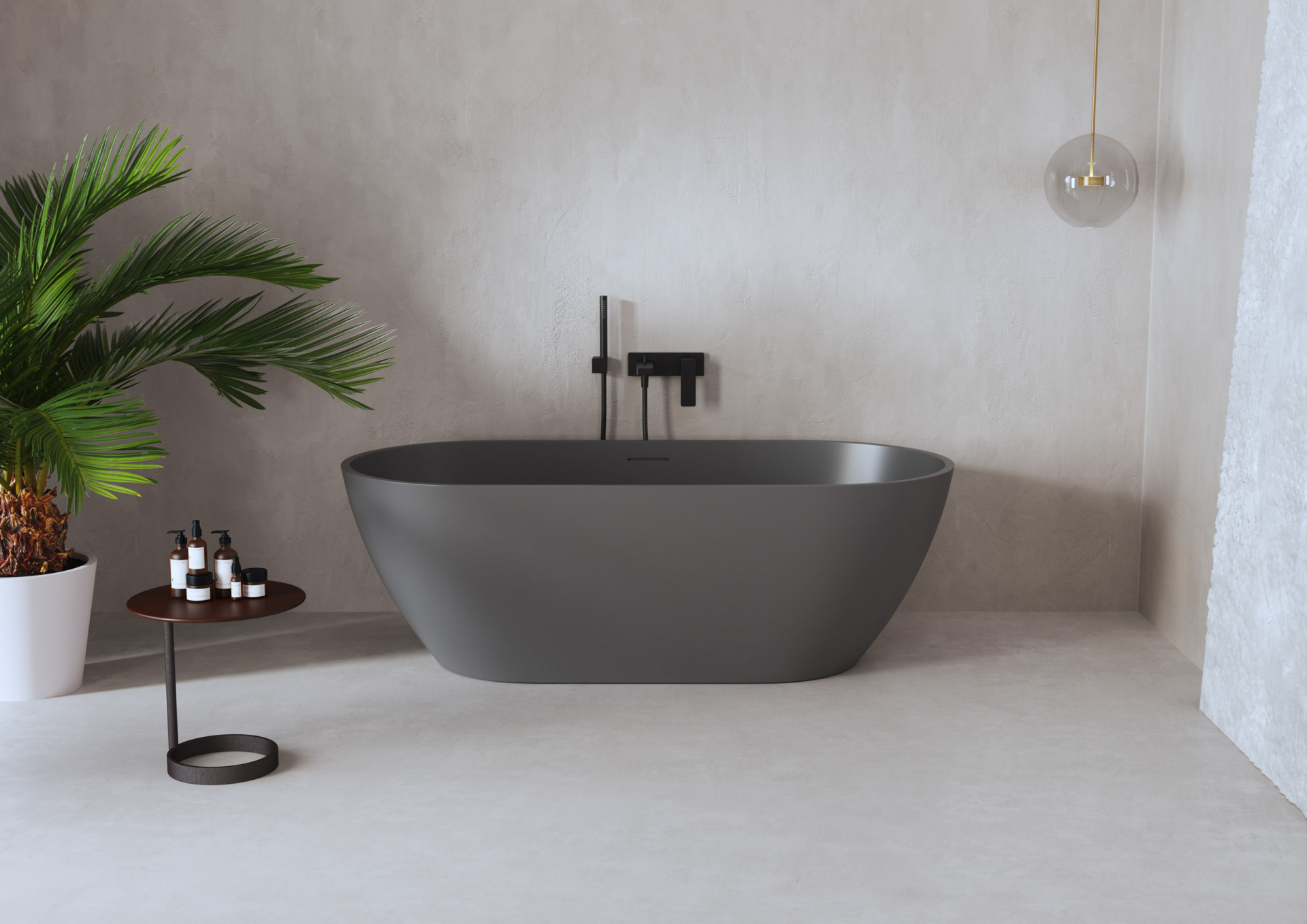 Freestanding bathtub CGI render with spa-inspired bathroom design, soft lighting and luxury residential bathroom visualization
