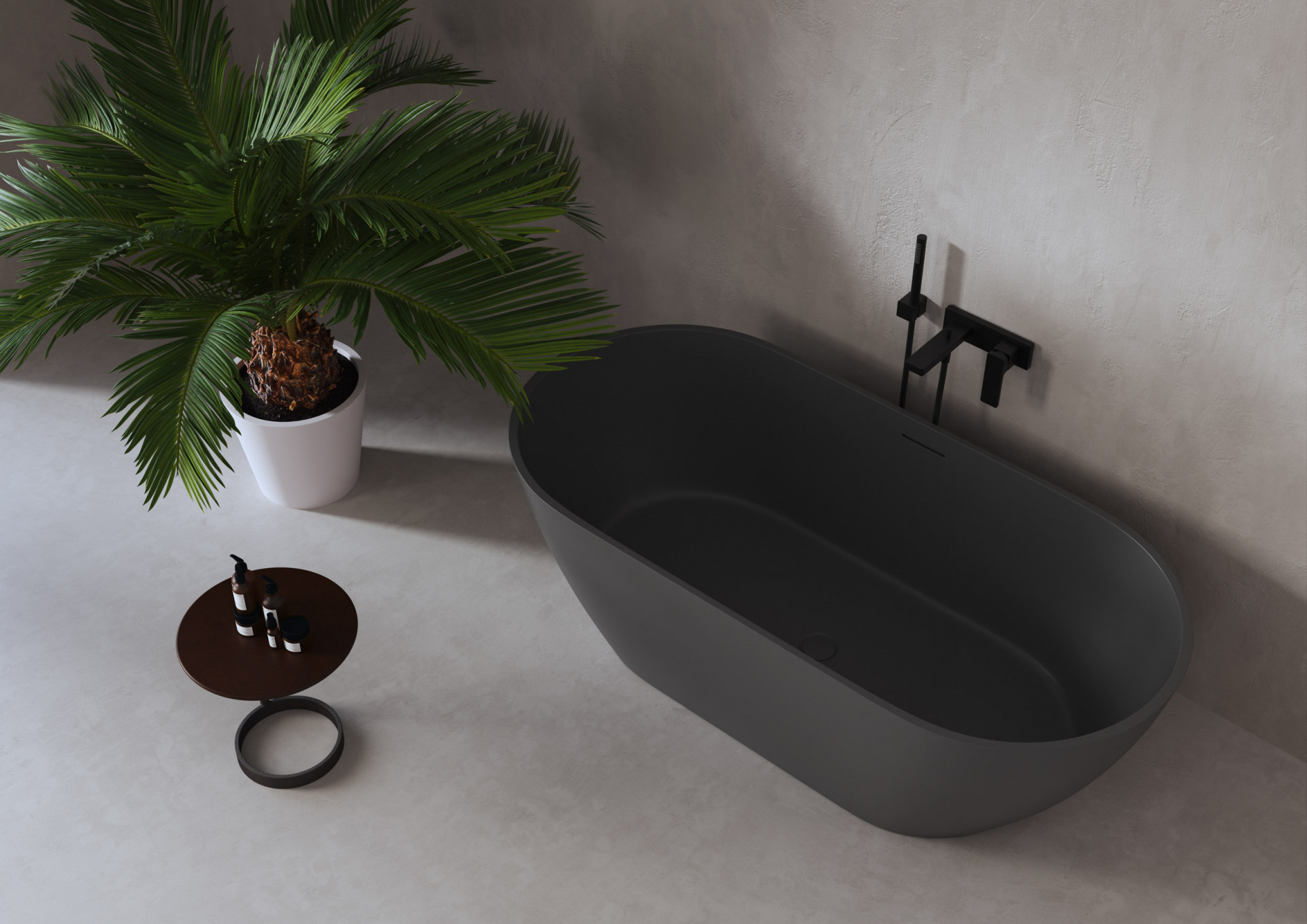 Contemporary dark bathtub bathroom CGI with tropical greenery, premium material rendering and high-end bathroom interior visualization