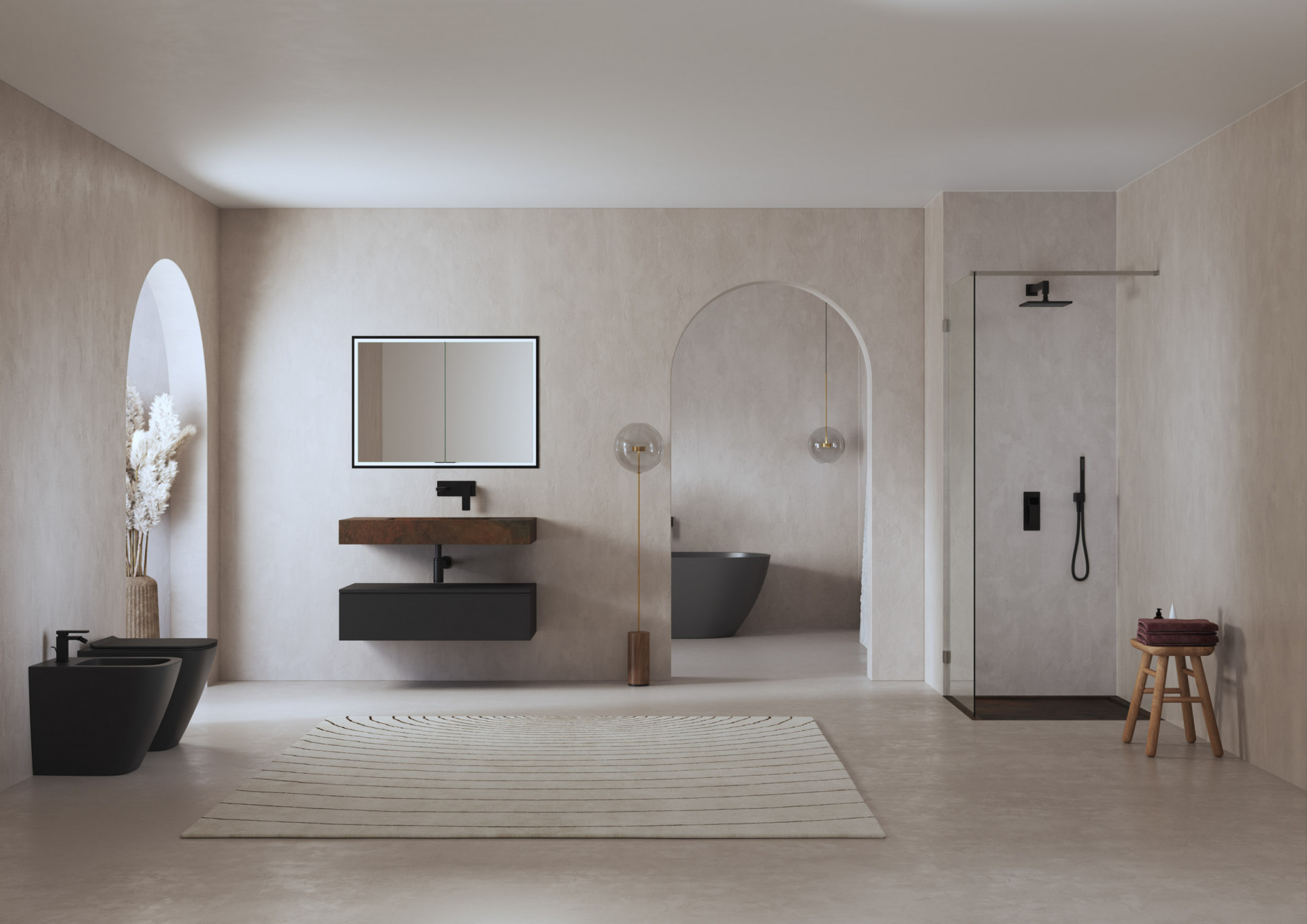 High-end bathroom interior CGI with custom vanity, textured wall finishes and contemporary bathroom design visualization for luxury residential interiors