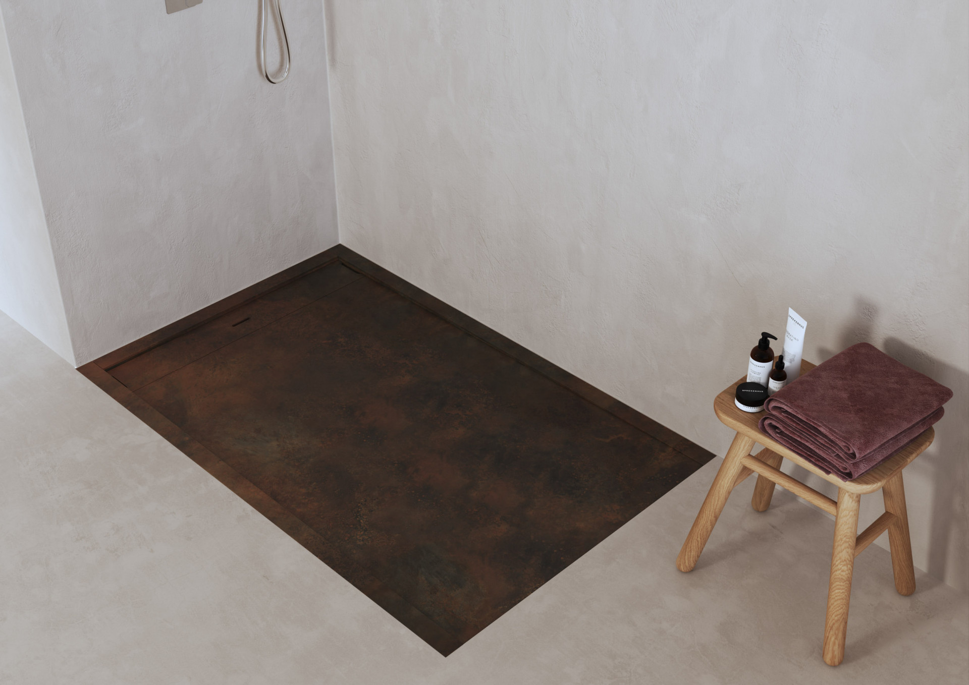 Shower tray bathroom CGI detail with textured flooring, neutral palette and architectural visualization for contemporary bathroom interiors
