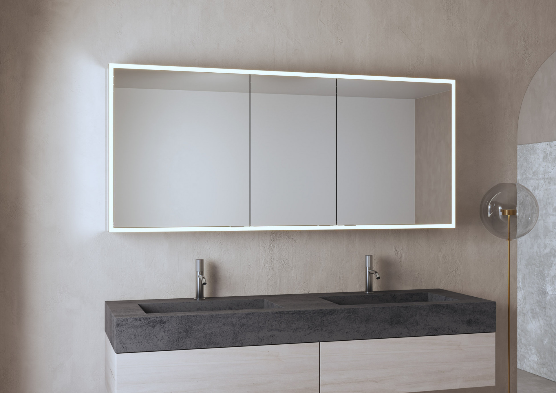 Double sink bathroom render with illuminated mirror cabinet and premium bathroom CGI services for residential interior presentation