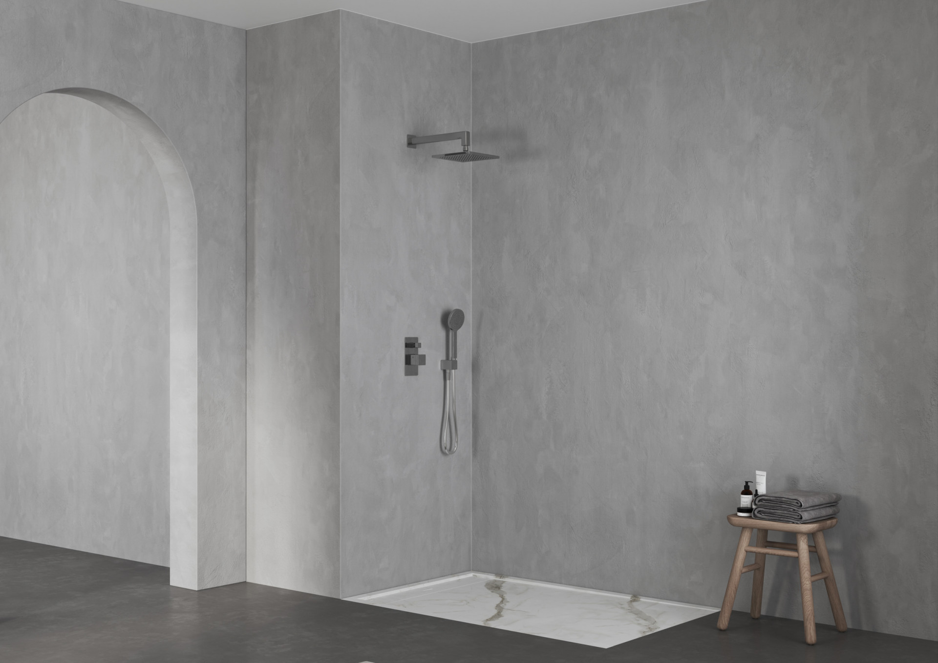 Walk-in shower bathroom CGI with rainfall showerhead, minimalist architecture and realistic bathroom visualization for architects