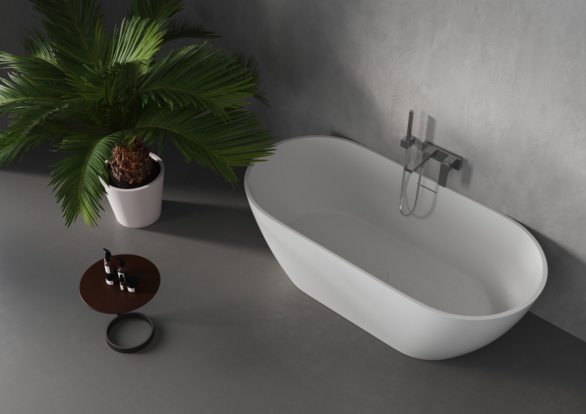 Oval bathtub bathroom render with tropical styling, designer fixtures and realistic luxury bathroom CGI for interior design marketing
