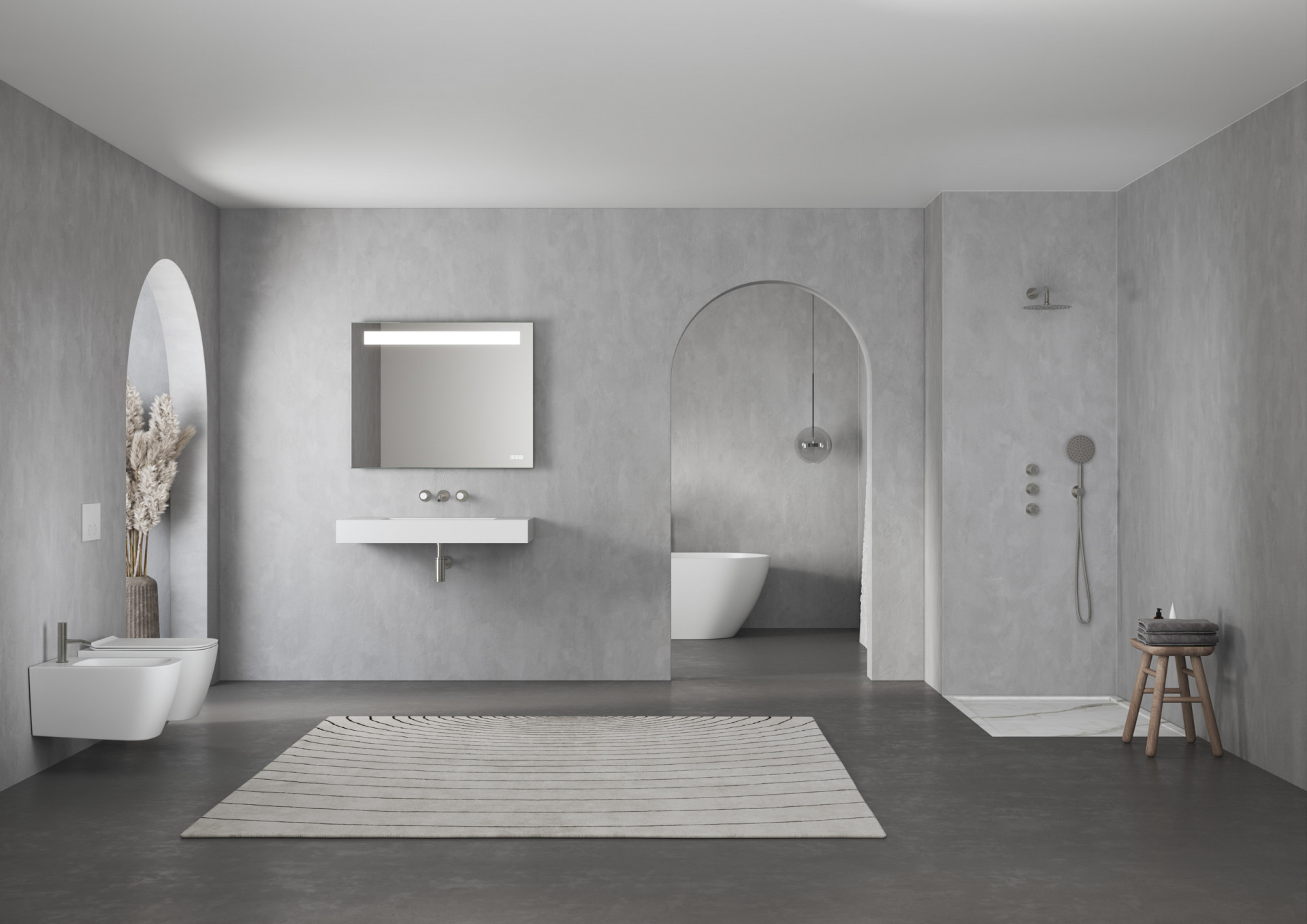 Wide-angle bathroom CGI visualization with floating vanity, freestanding bathtub and architectural rendering for premium residential interiors