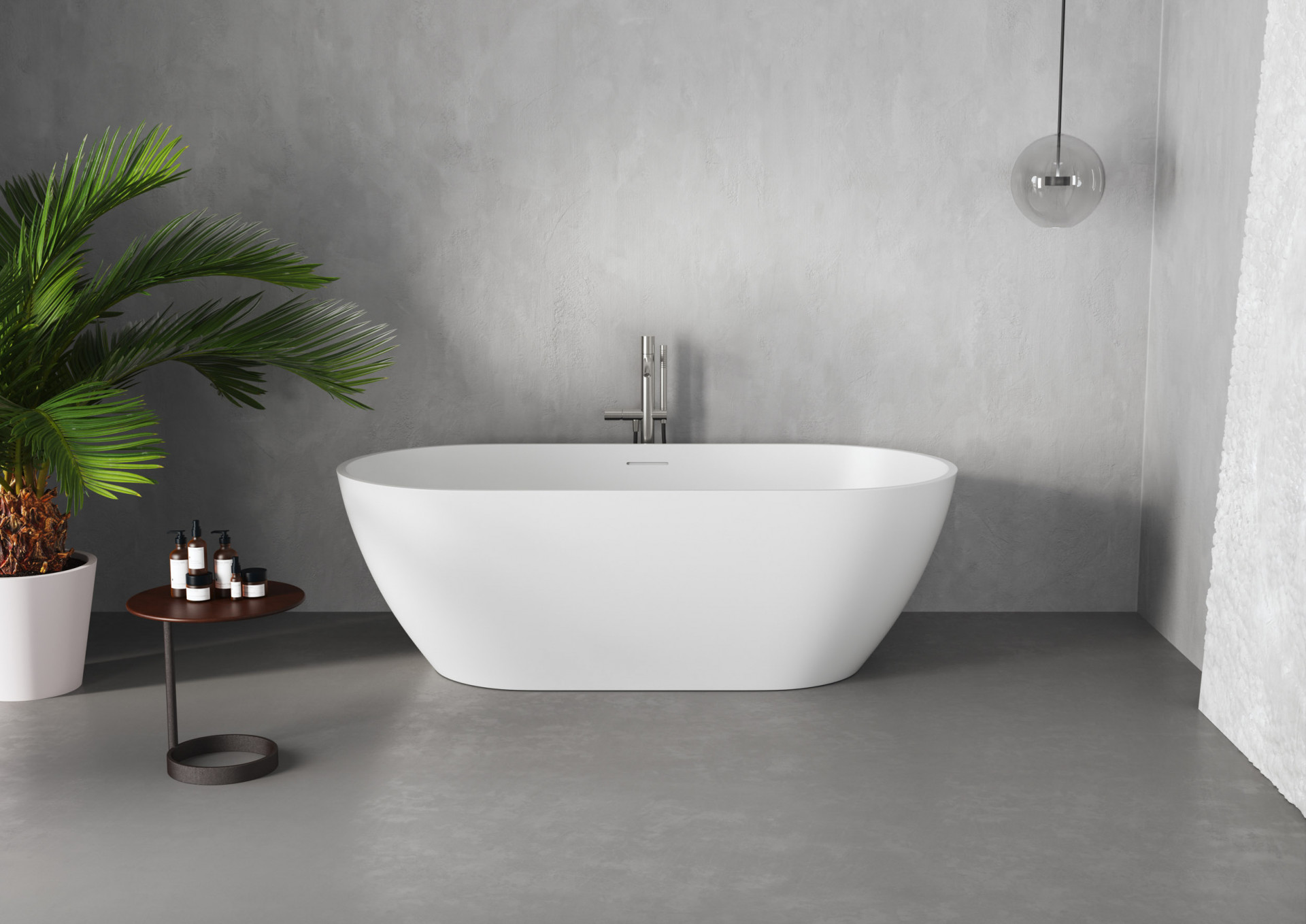 Luxury freestanding bathtub CGI with modern spa bathroom interior, textured walls and architectural visualization for residential projects