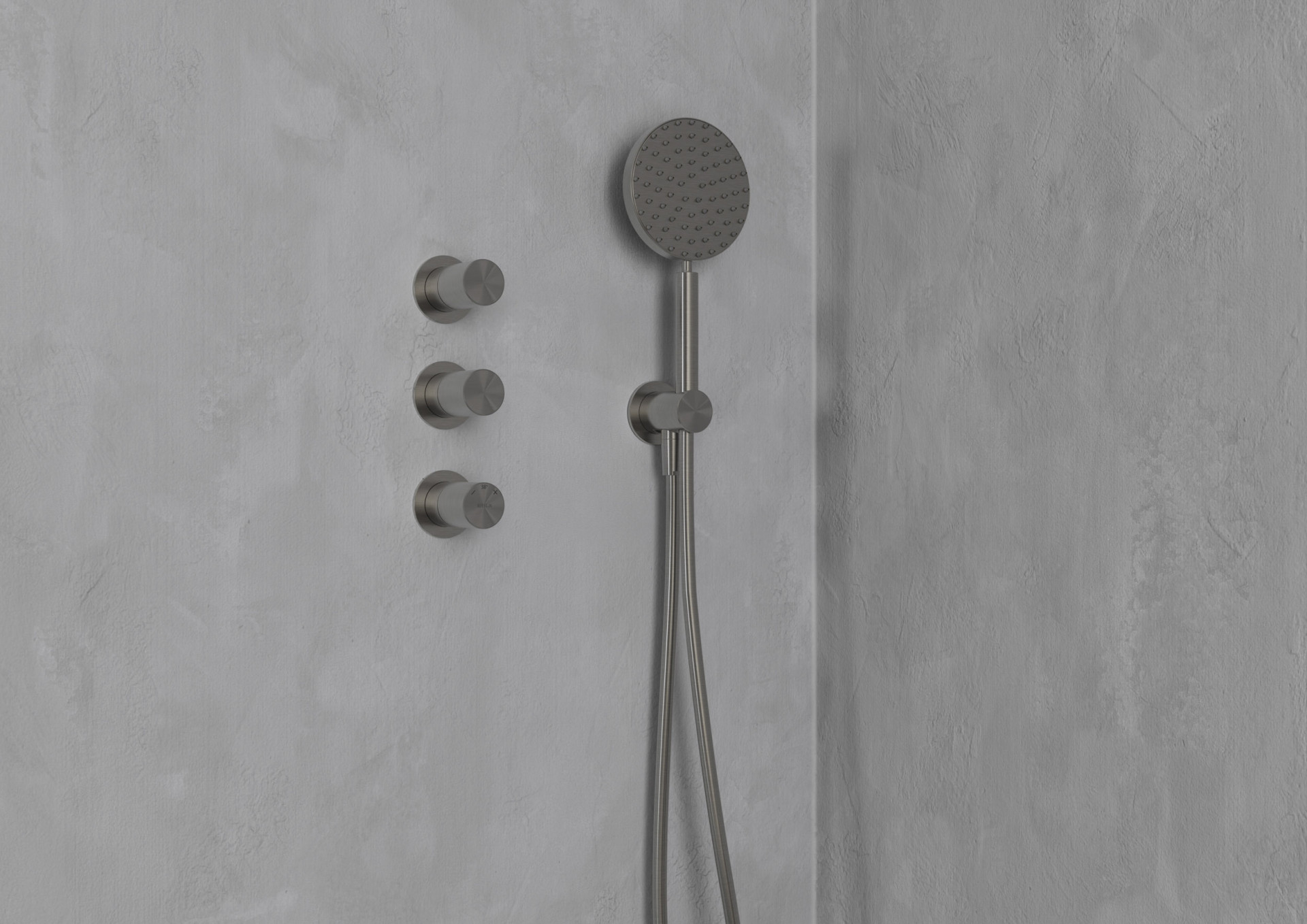 Close-up shower fixture CGI visualization with premium bathroom hardware, textured surfaces and realistic architectural rendering details