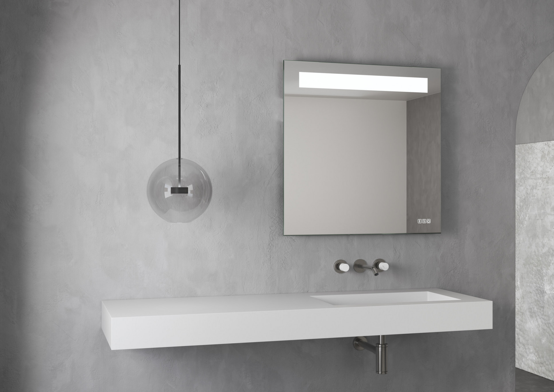Bathroom mirror and vanity CGI with soft ambient lighting, modern wall-mounted sink and premium bathroom design rendering
