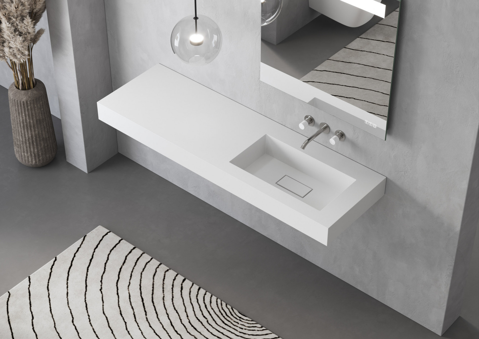 Contemporary bathroom sink render with custom countertop, integrated basin and architectural CGI visualization for luxury homes
