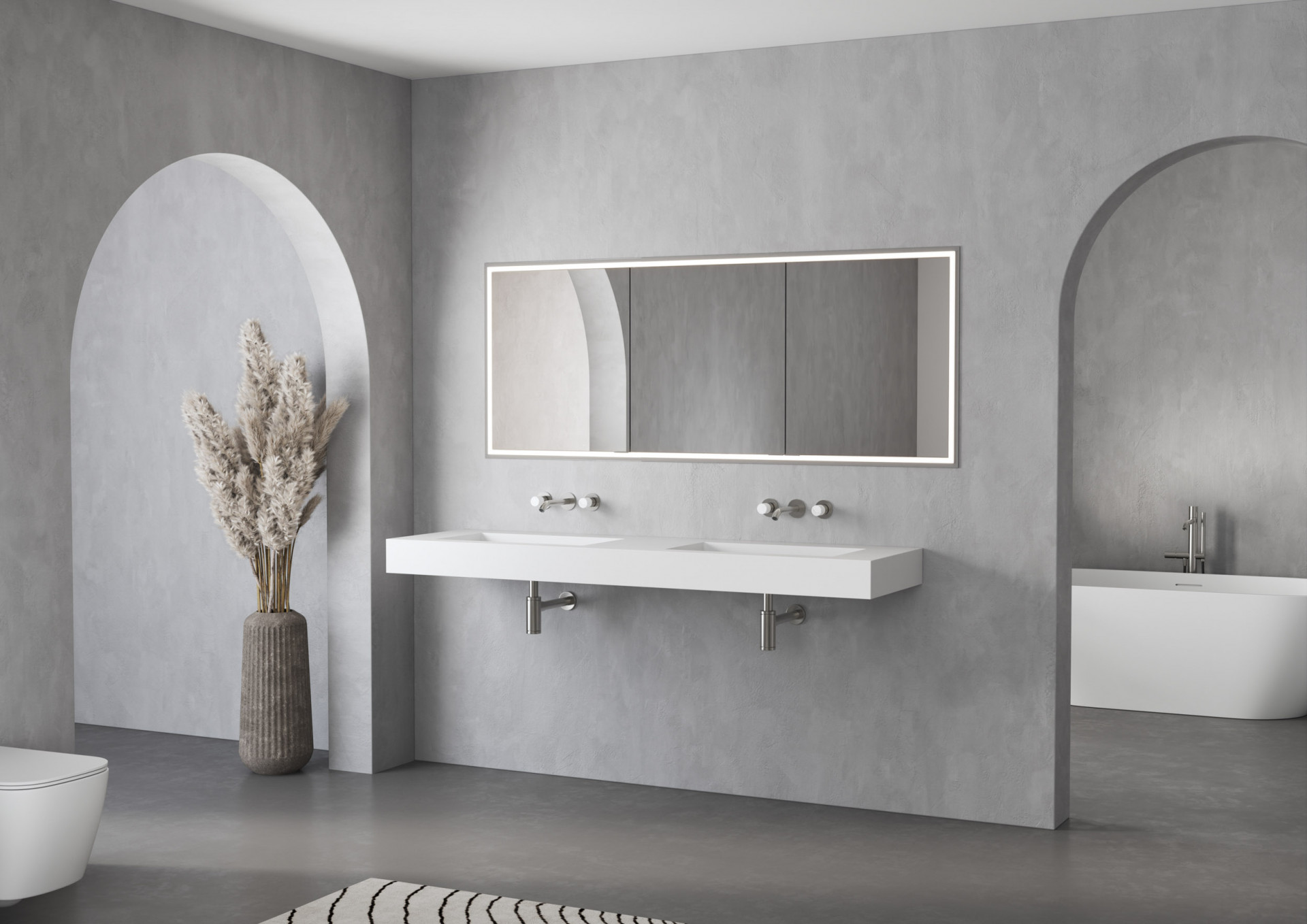 Minimalist bathroom vanity CGI with floating sink, arched wall details and realistic bathroom rendering for interior design presentations