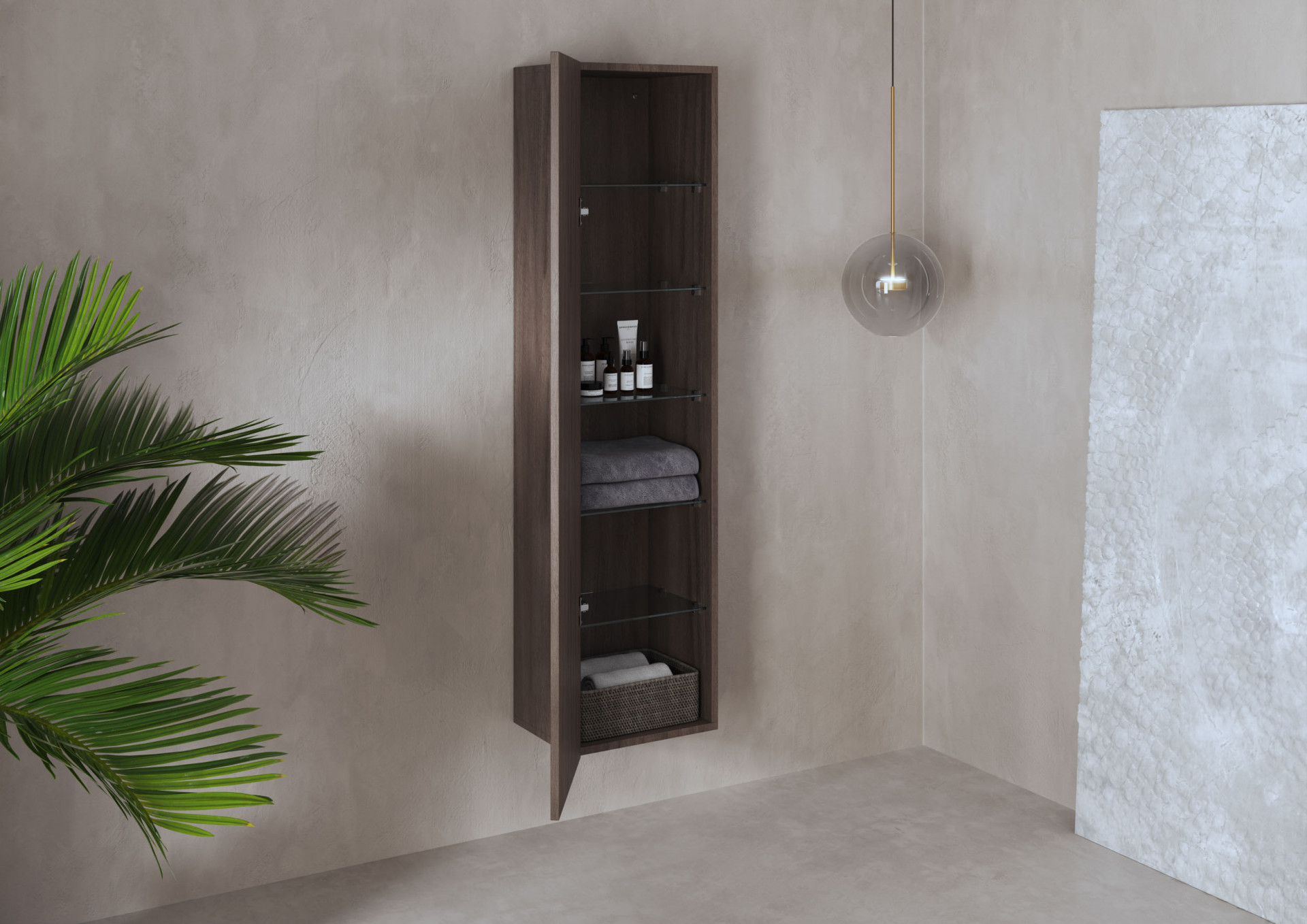Luxury bathroom storage cabinet CGI render with integrated shelving, ambient lighting and modern interior design visualization