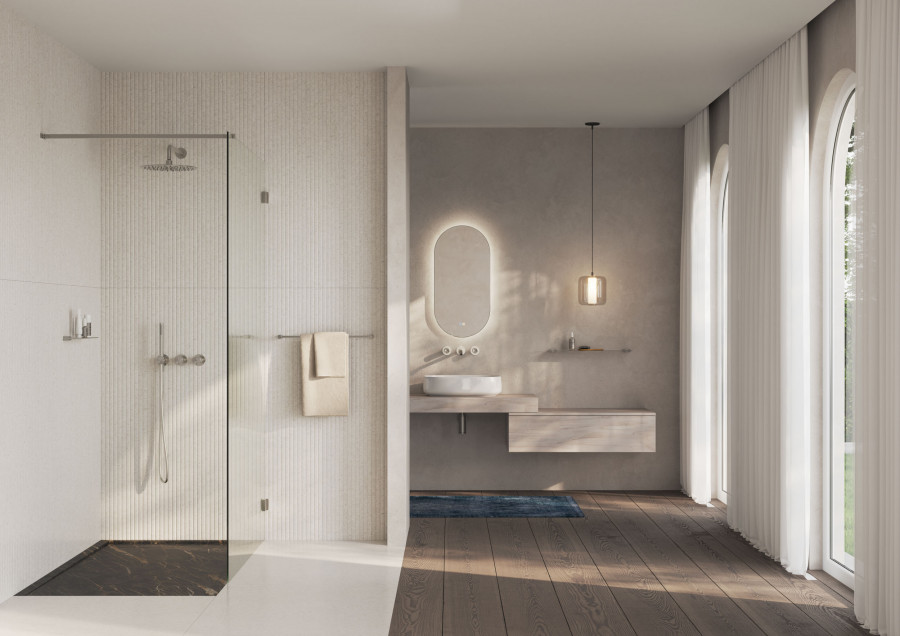 Minimal bathroom visualization with glass shower enclosure, floating storage units, and warm ambient lighting