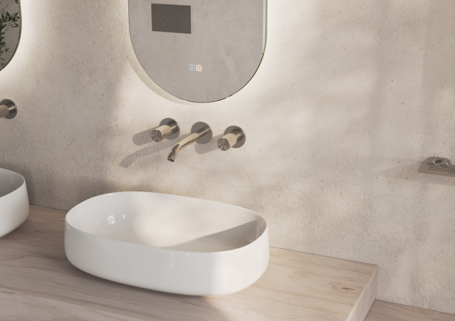 Close-up bathroom product CGI of vessel sink with wall-mounted taps and realistic material detailing