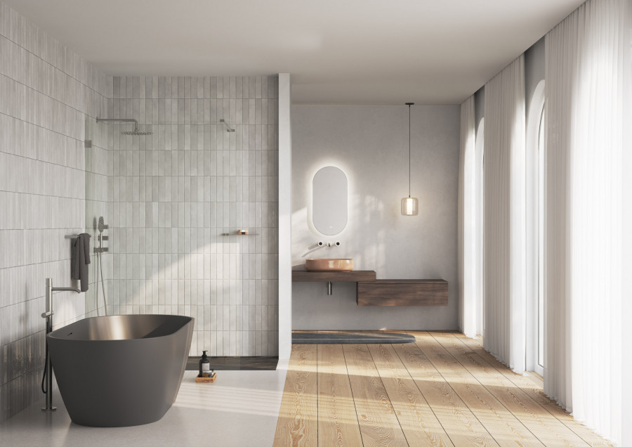Contemporary bathroom interior CGI showcasing bathtub, walk-in shower, and floating vanity with integrated lighting