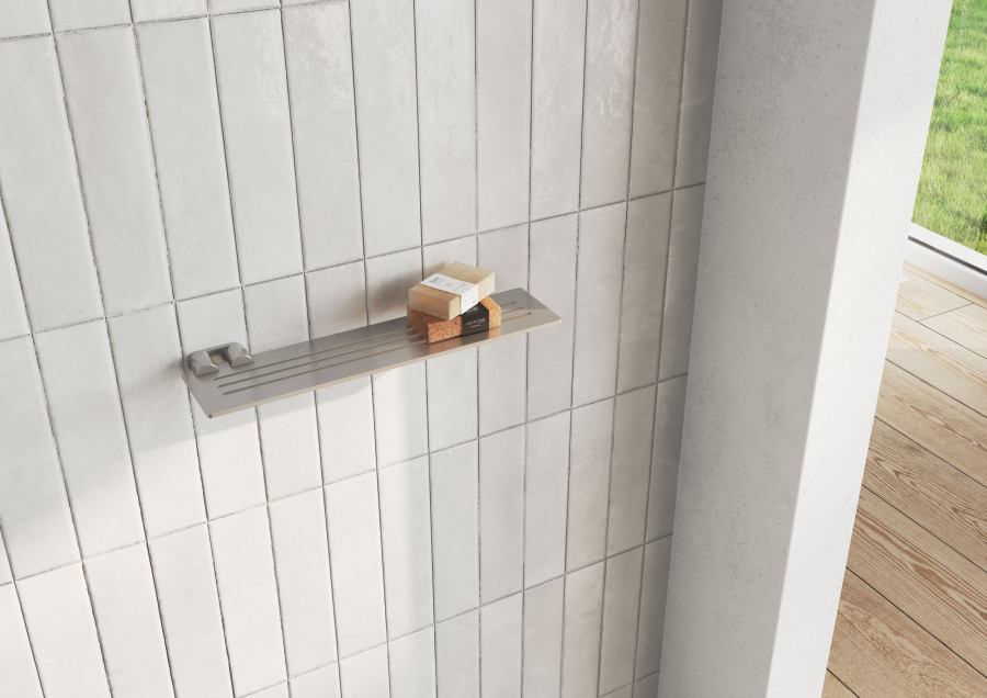 Bathroom shower accessories CGI featuring wall-mounted shelf with styled product arrangement