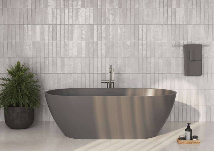 Contemporary bathroom interior CGI with freestanding bathtub and clean architectural lines
