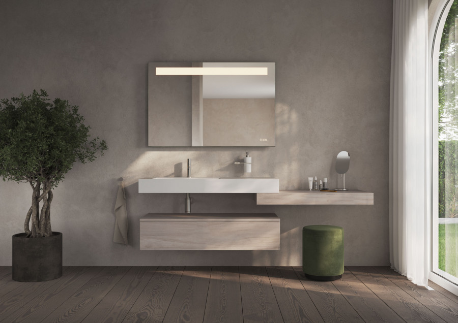 Modern bathroom product visualization with wall-mounted vanity, mirror lighting, and styled interior elements