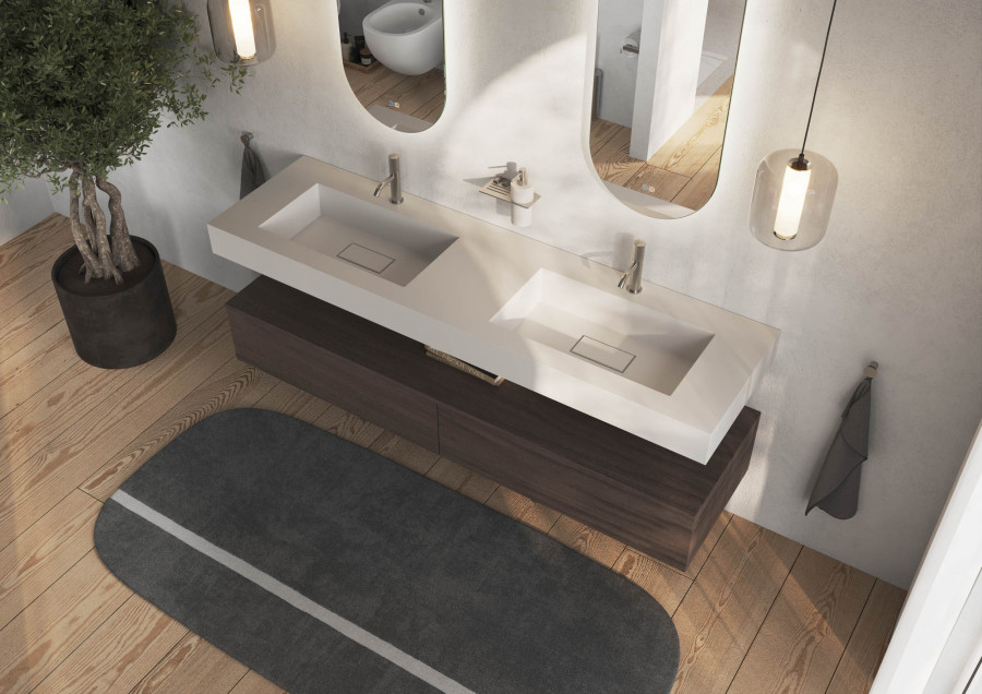 Bathroom lifestyle CGI with double sink setup, natural materials, and realistic lighting for product presentation