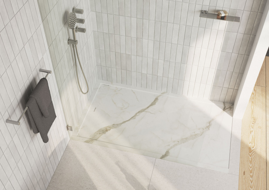 Walk-in shower lifestyle visualization with marble-effect surfaces, glass enclosure, and natural light