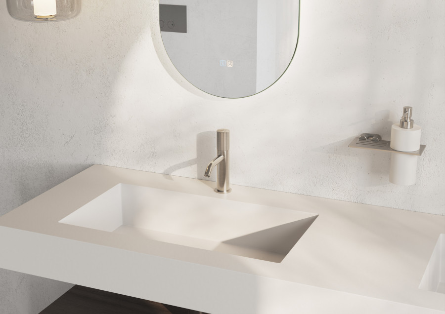 Modern bathroom sink product visualization with minimalist countertop and integrated faucet design