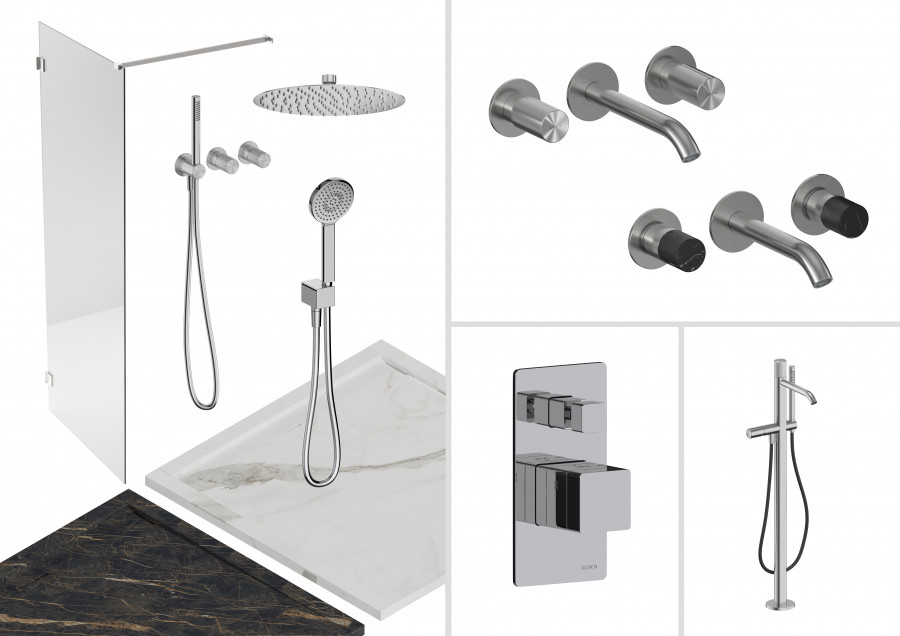 Bathroom product CGI layout showing complete accessory set with lifestyle base and cutout renders