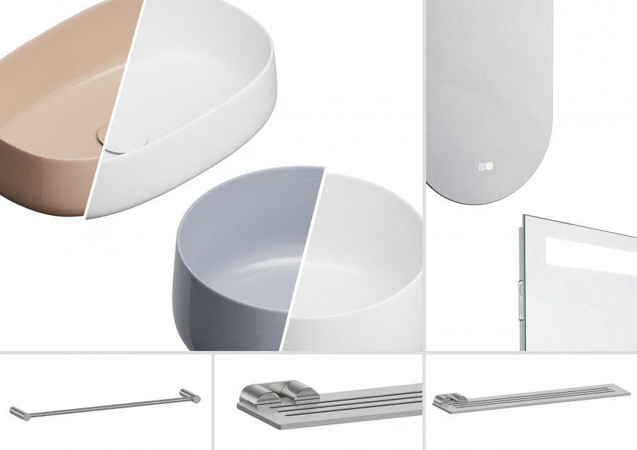 Close-up product visualization of designer bathroom sinks with clean studio-style presentation