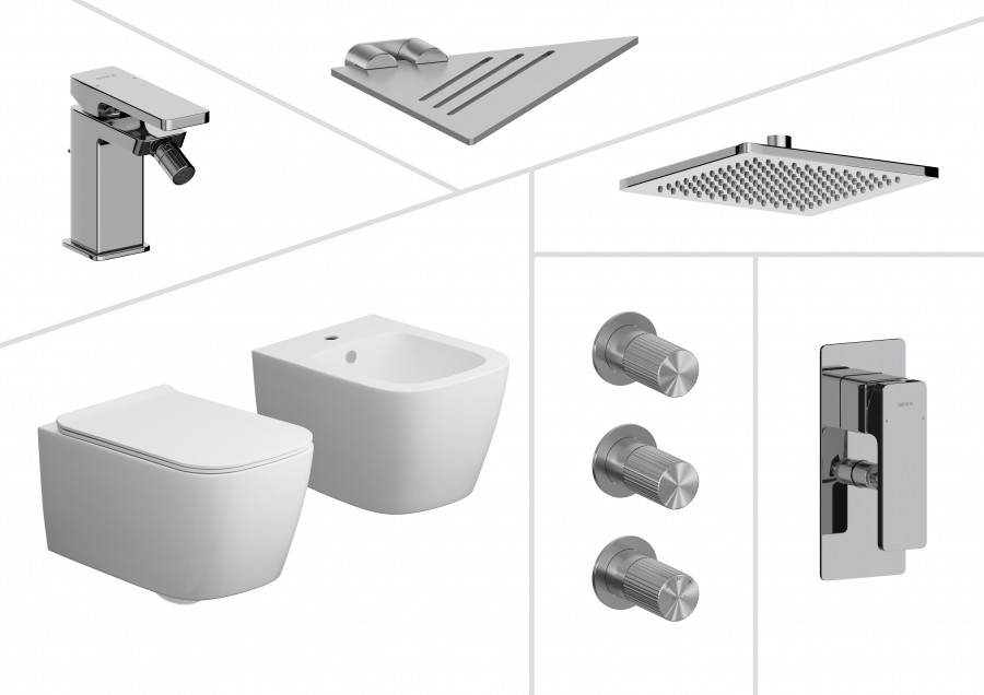 Bathroom product CGI layout showing an accessory set with cutout renders of a white porcelain wc and bidet set, and chrome showerhead, and mixers