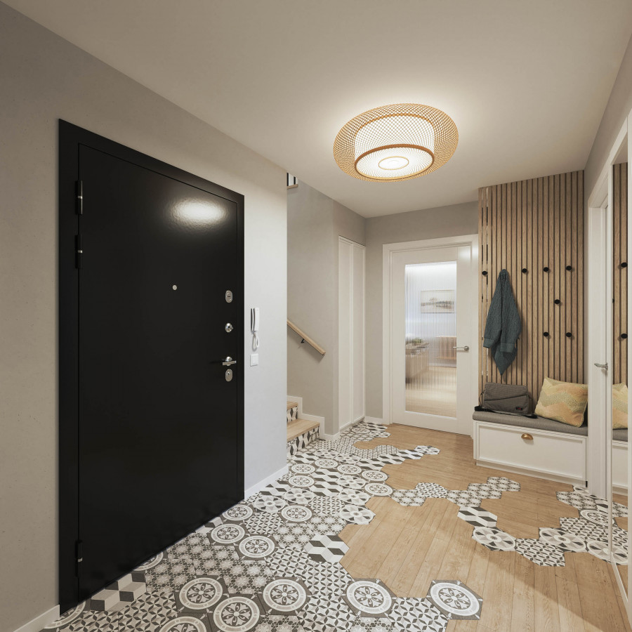 3D visualization of a residential foyer with patterned flooring, storage, and greenery.