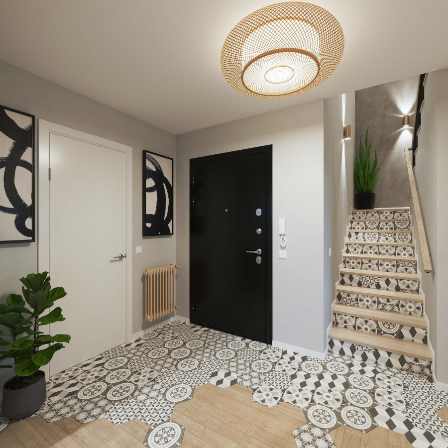3D visualization of a residential foyer and staircase with patterned floor tiles, storage, and greenery.