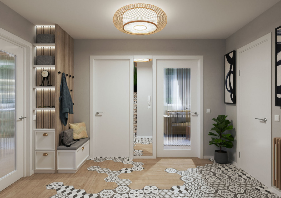 3D visualization of a residential foyer with patterned flooring, storage, and greenery.