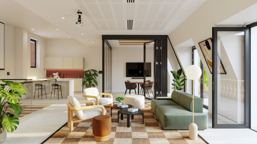 3D architectural visualization of a modern office lounge area with sofa seating, patterned rug, indoor plants, and contemporary workspace design – CGI by Visioaxis.
