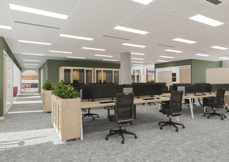 Open workspace CGI with desks, storage units, and planted dividers in a London office - Visioaxis