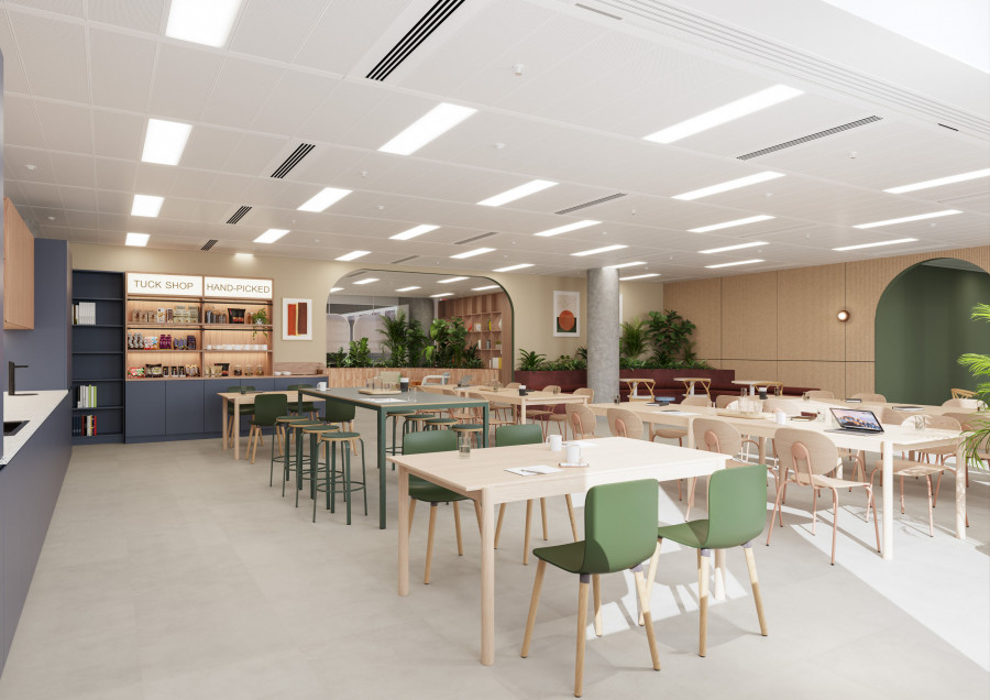 Office canteen and social space CGI with communal tables and natural light - Visioaxis