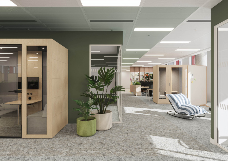 Open plan London office CGI showing workstations, meeting pods, and timber finishes - Visioaxis