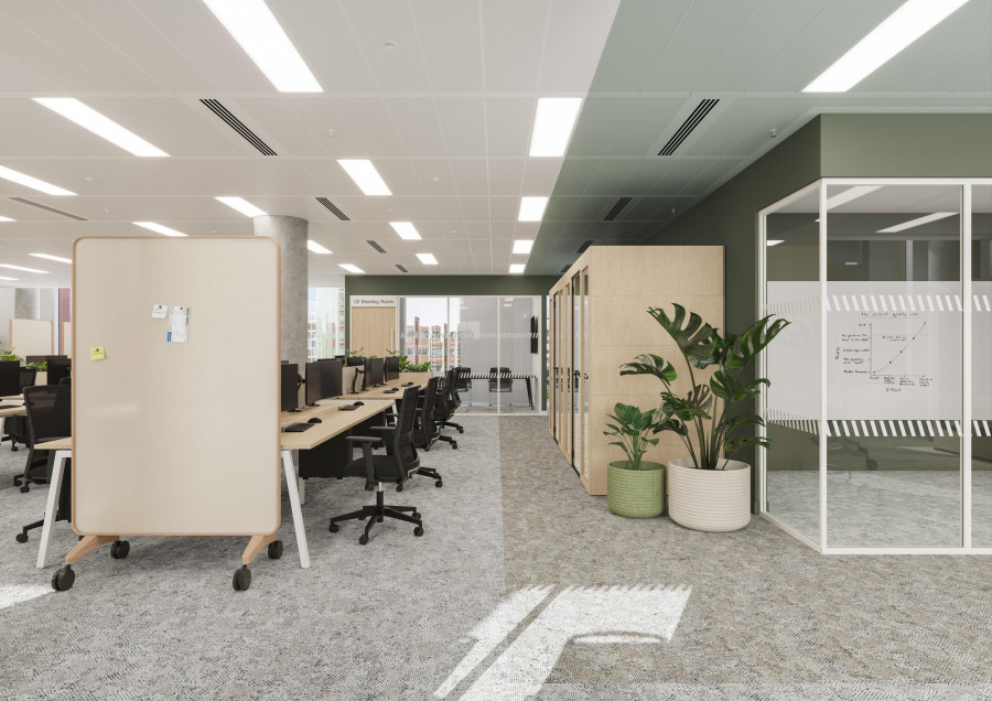 Workplace interior visualisation with collaborative desks and enclosed meeting rooms in a modern office - Visioaxis