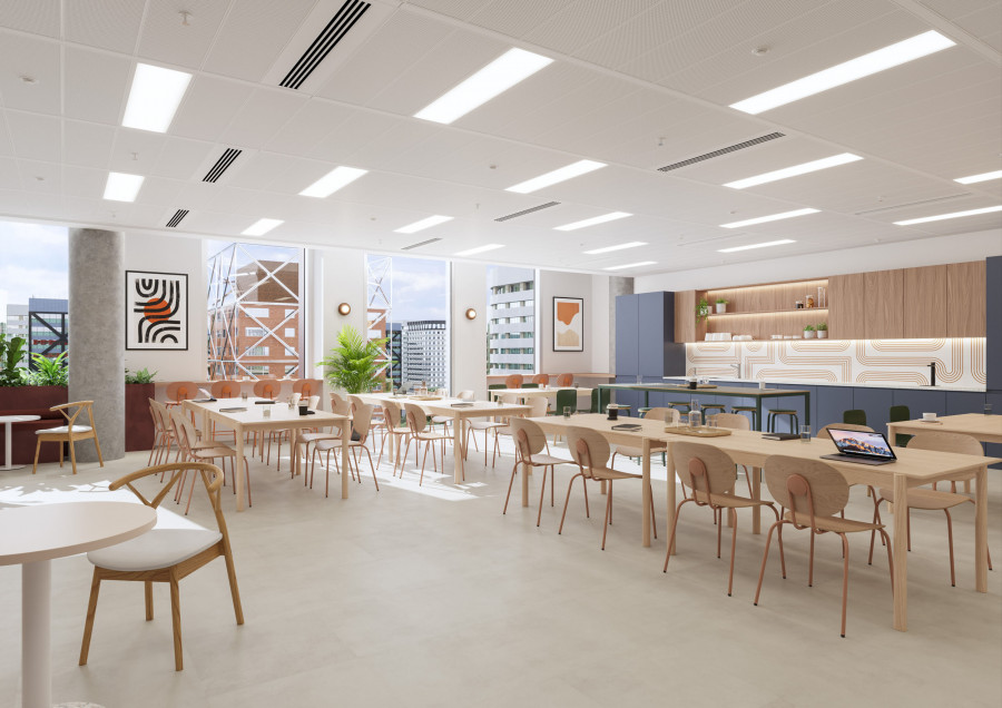Commercial office interior CGI featuring collaborative zones and soft architectural elements - Visioaxis