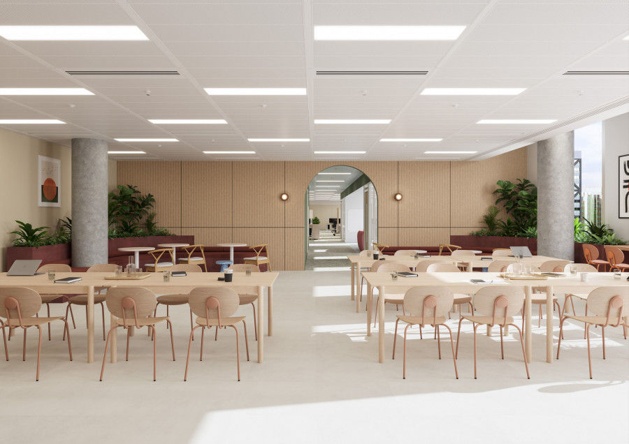Modern workplace visualisation showing open seating areas and circulation zones - Visioaxis