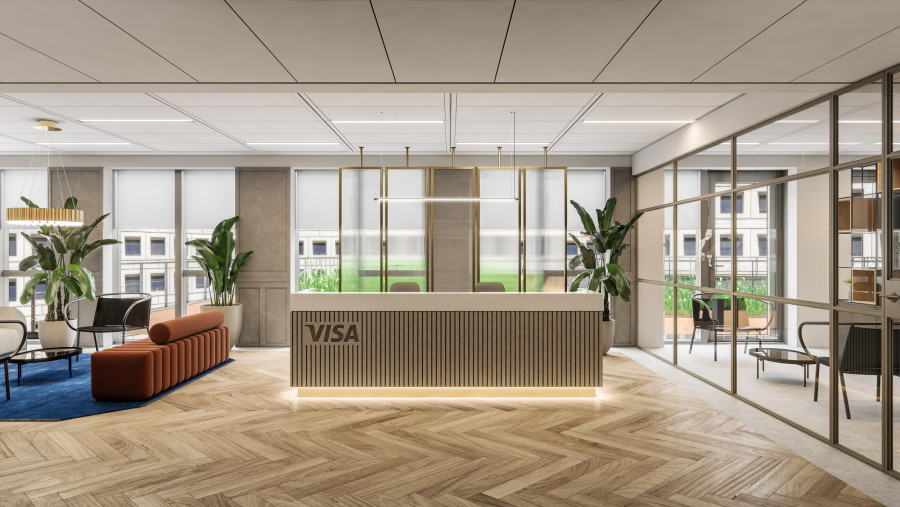 Reception Area: Modern reception design with wood paneling, herringbone flooring, and gold accents, optimized for elegance and functionality.